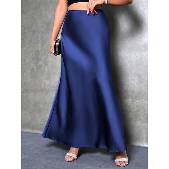 Women Navy Blue Maxi Dressy Casual Zipped High Waisted Silk Elegant Long Skirt - Picture 5 of 7